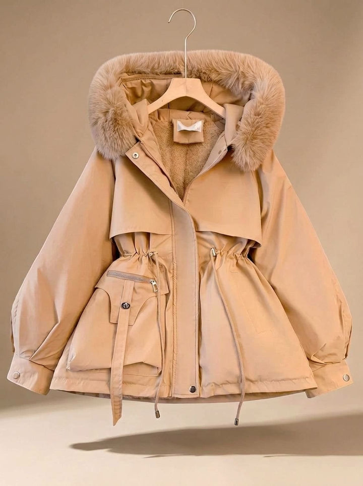 Women's Faux-Fur Hooded Drawstring Waist Puffer Jacket - Khaki