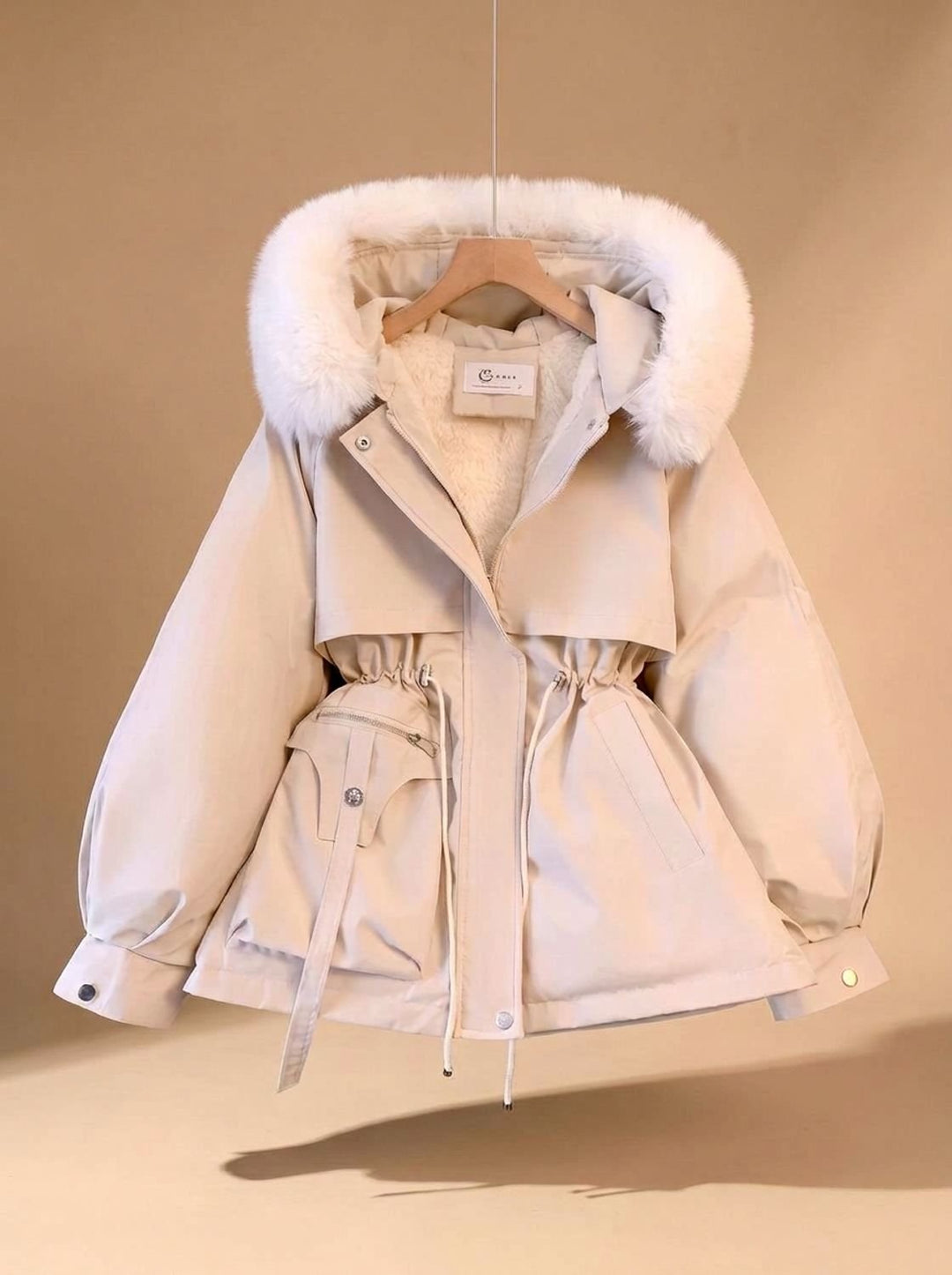 Women's Faux-Fur Hooded Drawstring Waist Puffer Jacket - White