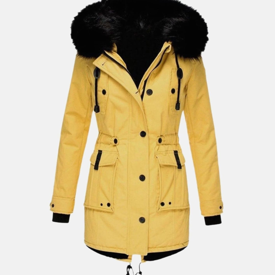 Women's Faux Fur Hooded Fitted Parka Winter Coat - Yellow