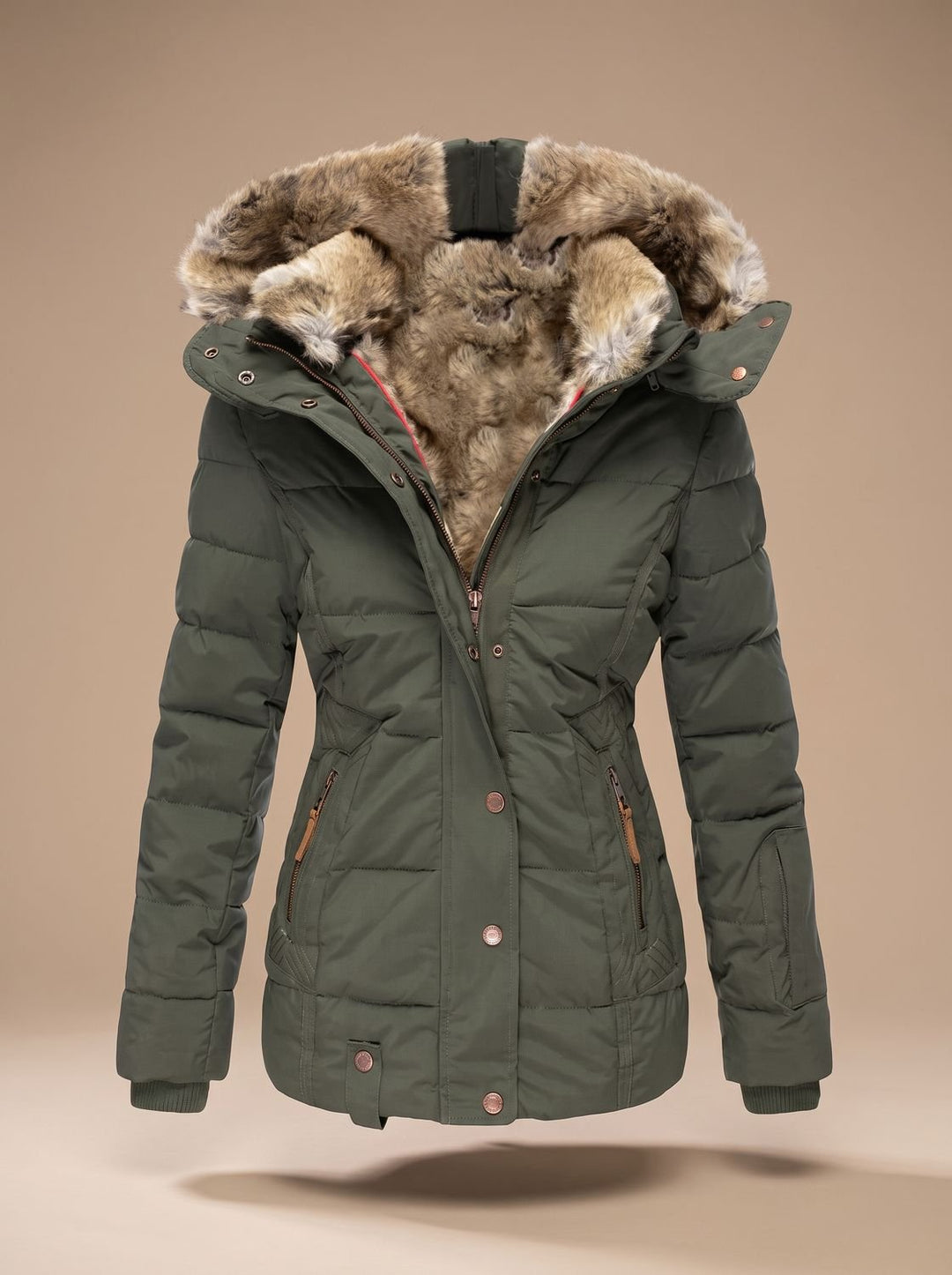 Women's Faux-Fur Hooded Quilted Puffer Winter Coat - Green
