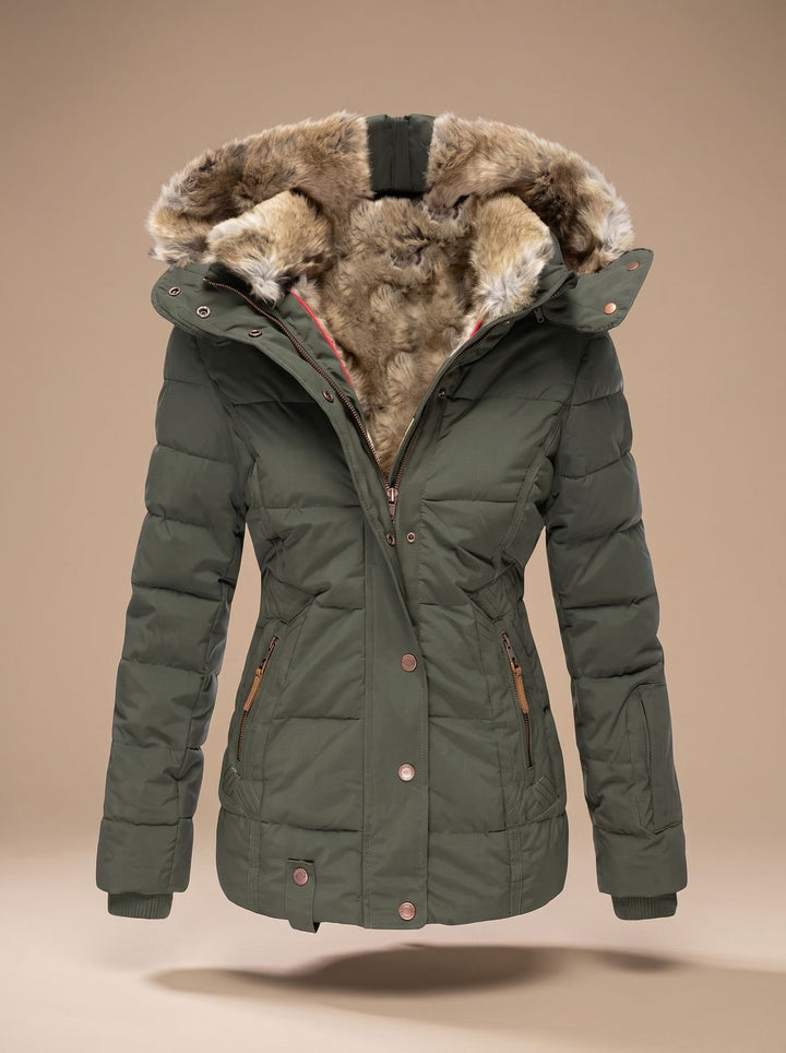 Women's Faux-Fur Hooded Quilted Puffer Winter Coat - Green