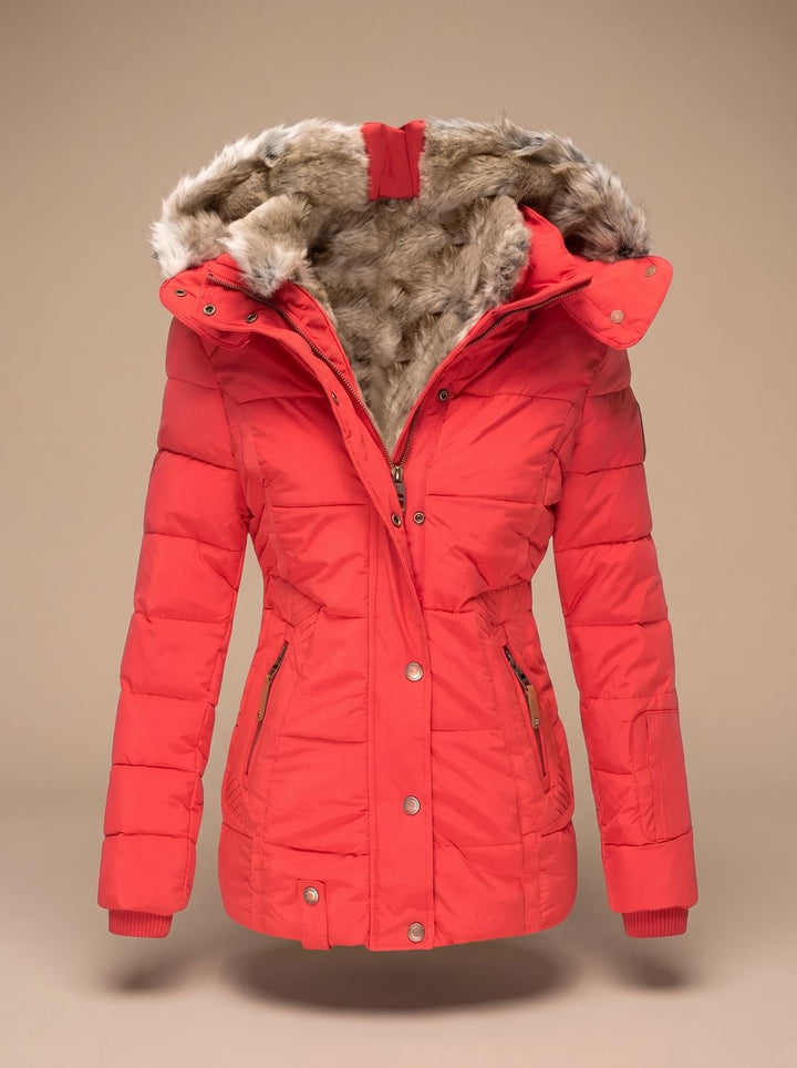 Women's Faux-Fur Hooded Quilted Puffer Winter Coat - Red