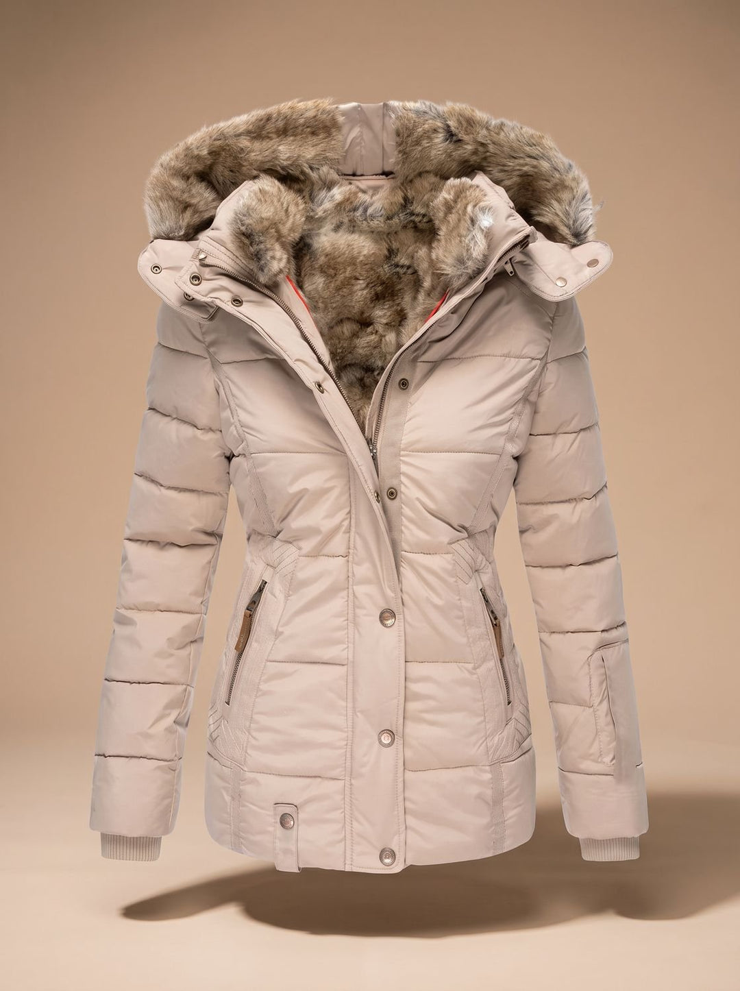 Women's Faux-Fur Hooded Quilted Puffer Winter Coat - Beige