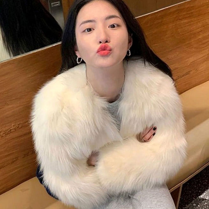 Women's Faux Fur Party Jacket Short Fluffy Coat - Cheese Beige