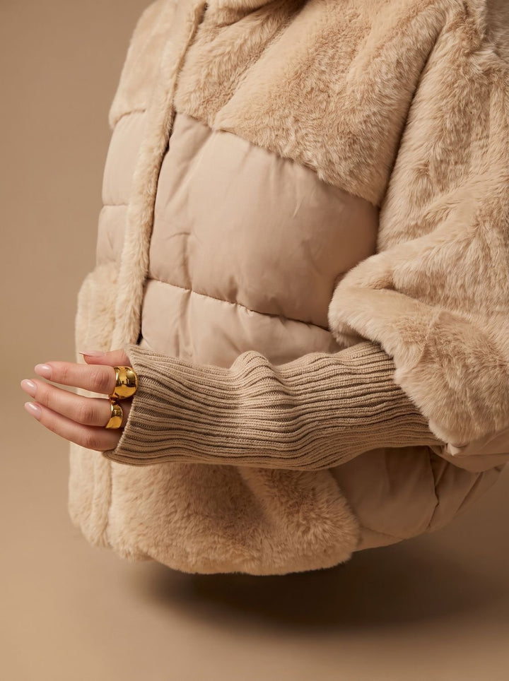 Women's Faux Fur Plush Hooded Quilted Winter Coat - Beige