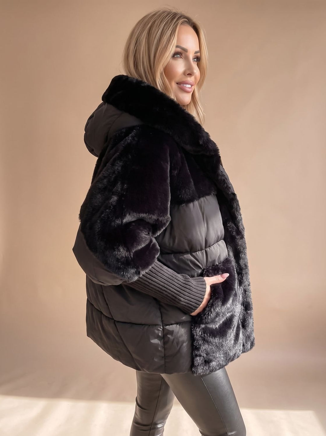Women's Faux Fur Plush Hooded Quilted Winter Coat - Black