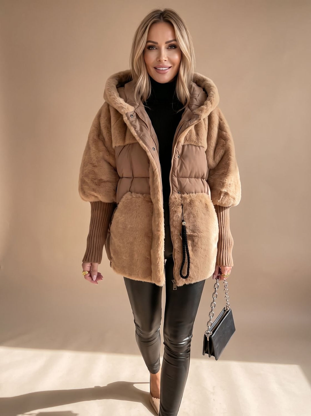Women's Faux Fur Plush Hooded Quilted Winter Coat - Brown