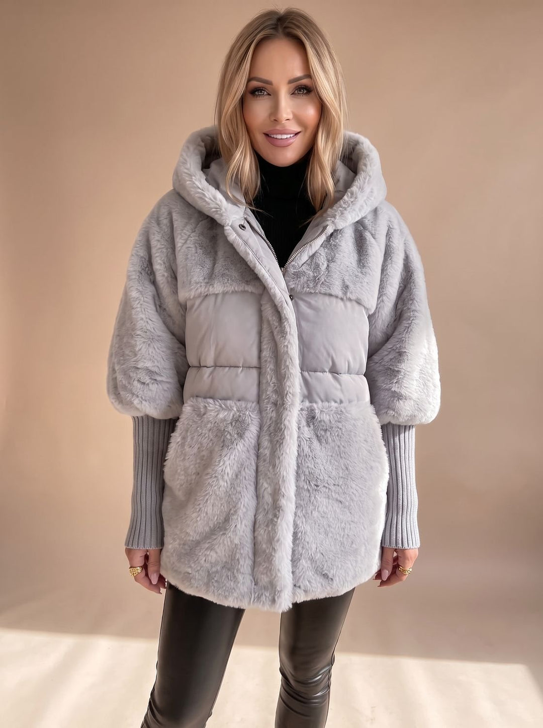 Women's Faux Fur Plush Hooded Quilted Winter Coat - Grey