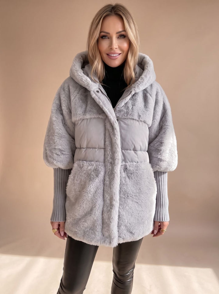Women's Faux Fur Plush Hooded Quilted Winter Coat - Grey