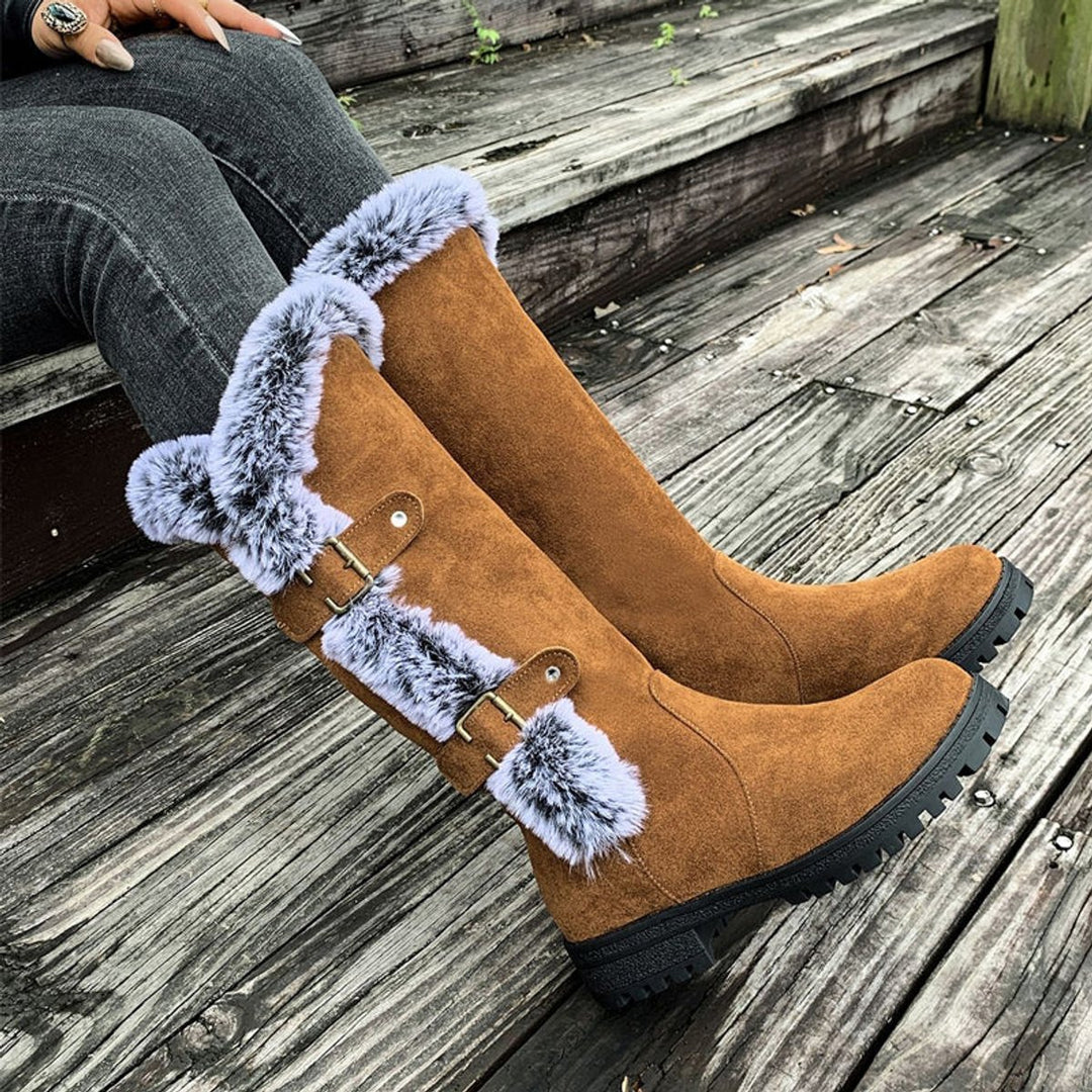 Women's Faux Fur Trim Buckle Slip-On Knee High Boots