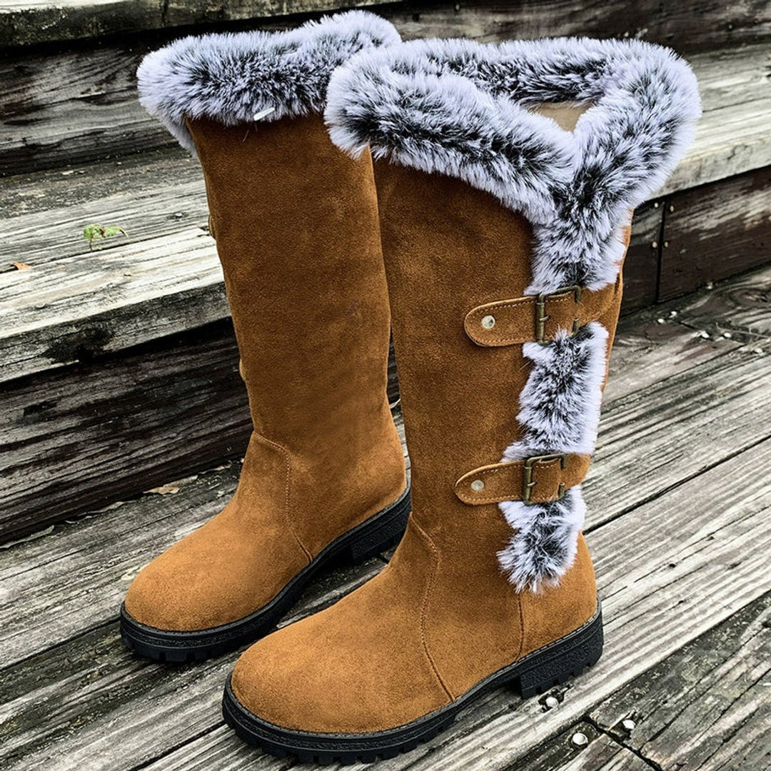 Women's Faux Fur Trim Buckle Slip-On Knee High Boots