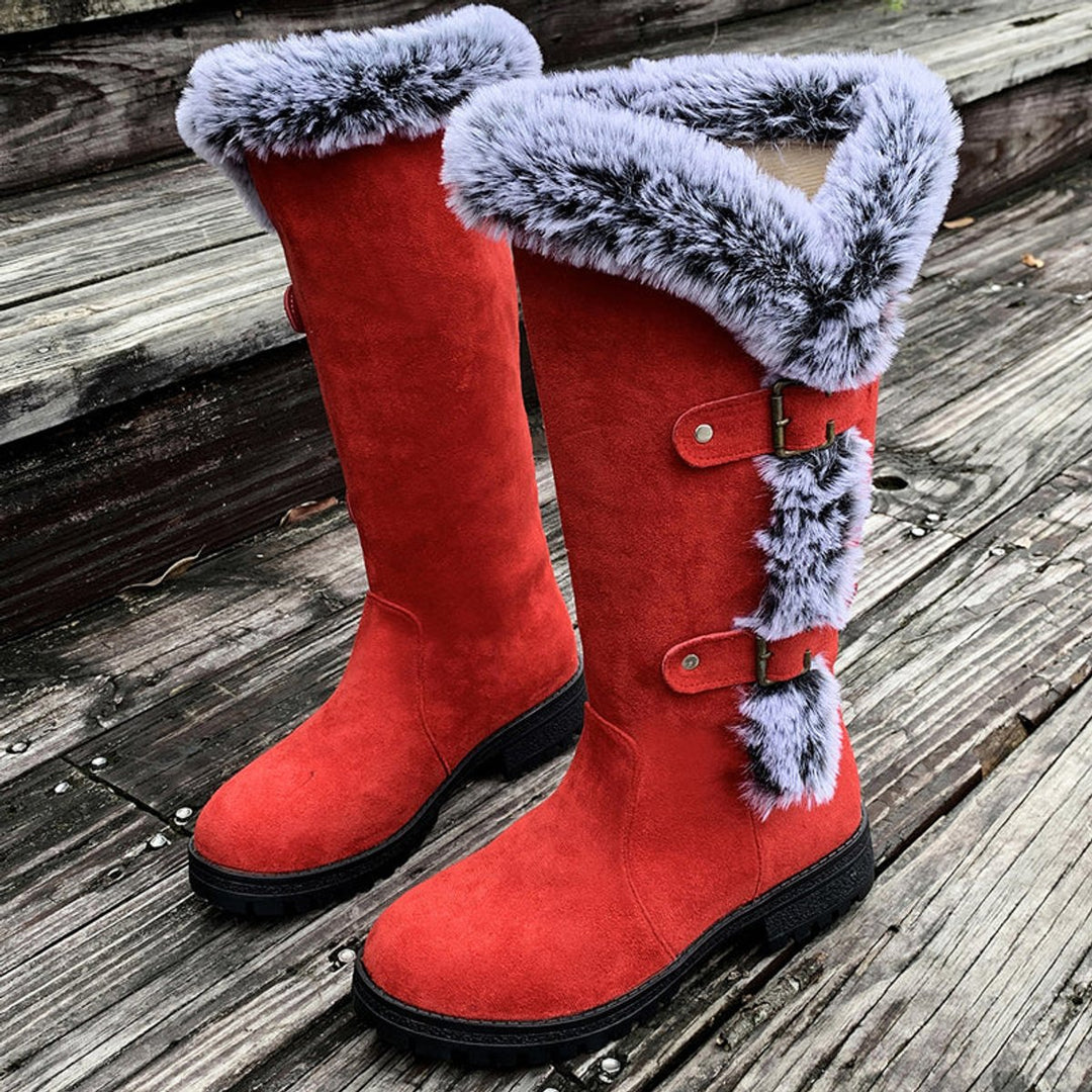 Women's Faux Fur Trim Buckle Slip-On Knee High Boots - Red