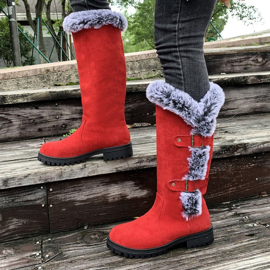 Women's Faux Fur Trim Buckle Slip-On Knee High Boots