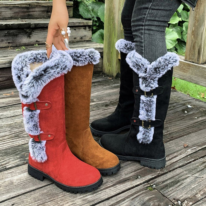 Women's Faux Fur Trim Buckle Slip-On Knee High Boots
