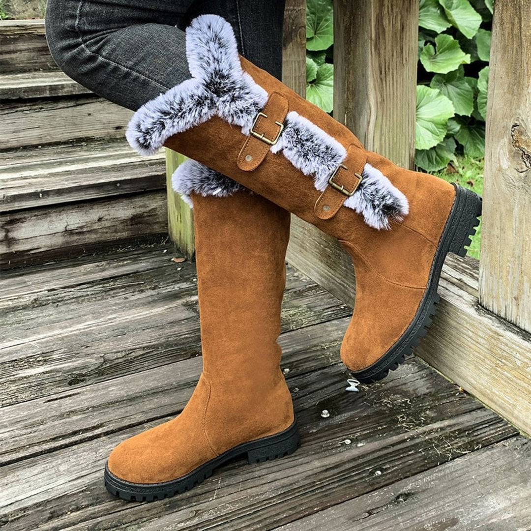 Women's Faux Fur Trim Buckle Slip-On Knee High Boots - Light Brown