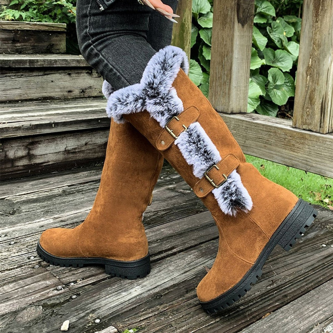 Women's Faux Fur Trim Buckle Slip-On Knee High Boots