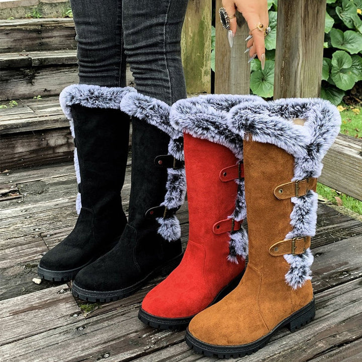 Women's Faux Fur Trim Buckle Slip-On Knee High Boots