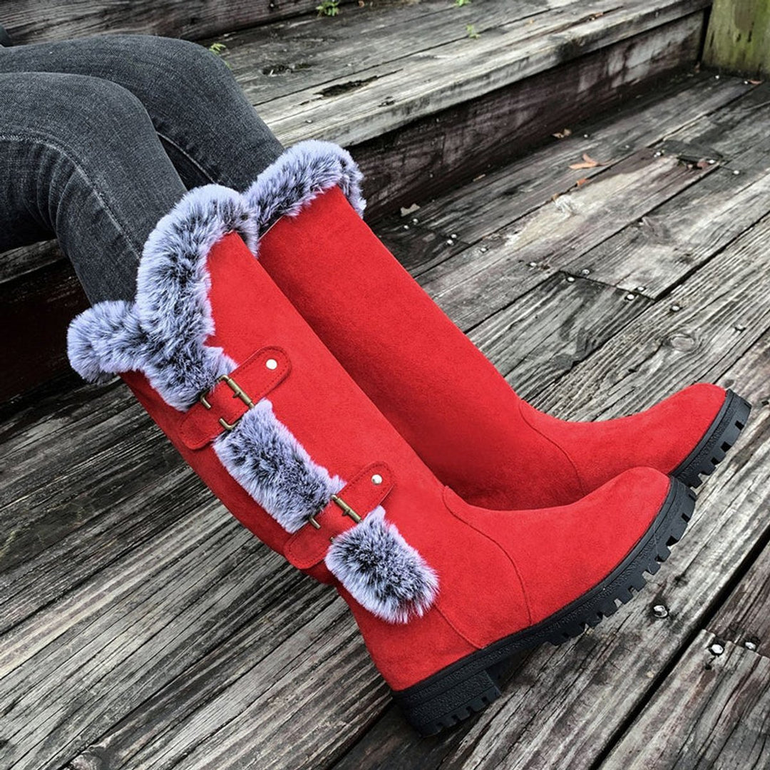 Women's Faux Fur Trim Buckle Slip-On Knee High Boots
