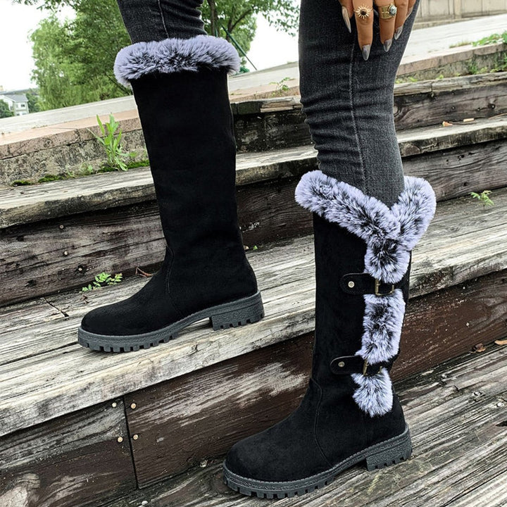 Women's Faux Fur Trim Buckle Slip-On Knee High Boots