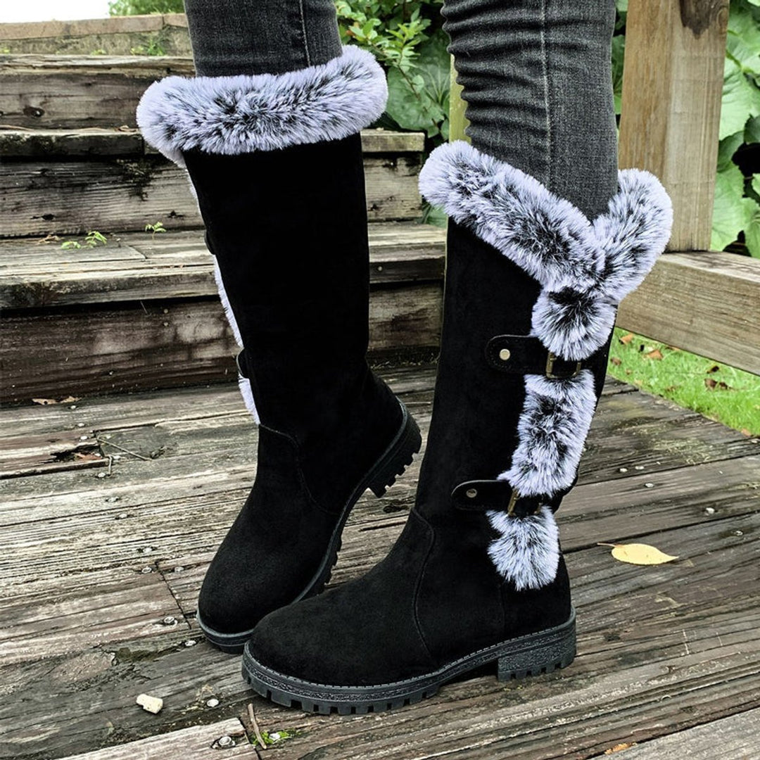 Women's Faux Fur Trim Buckle Slip-On Knee High Boots - Black