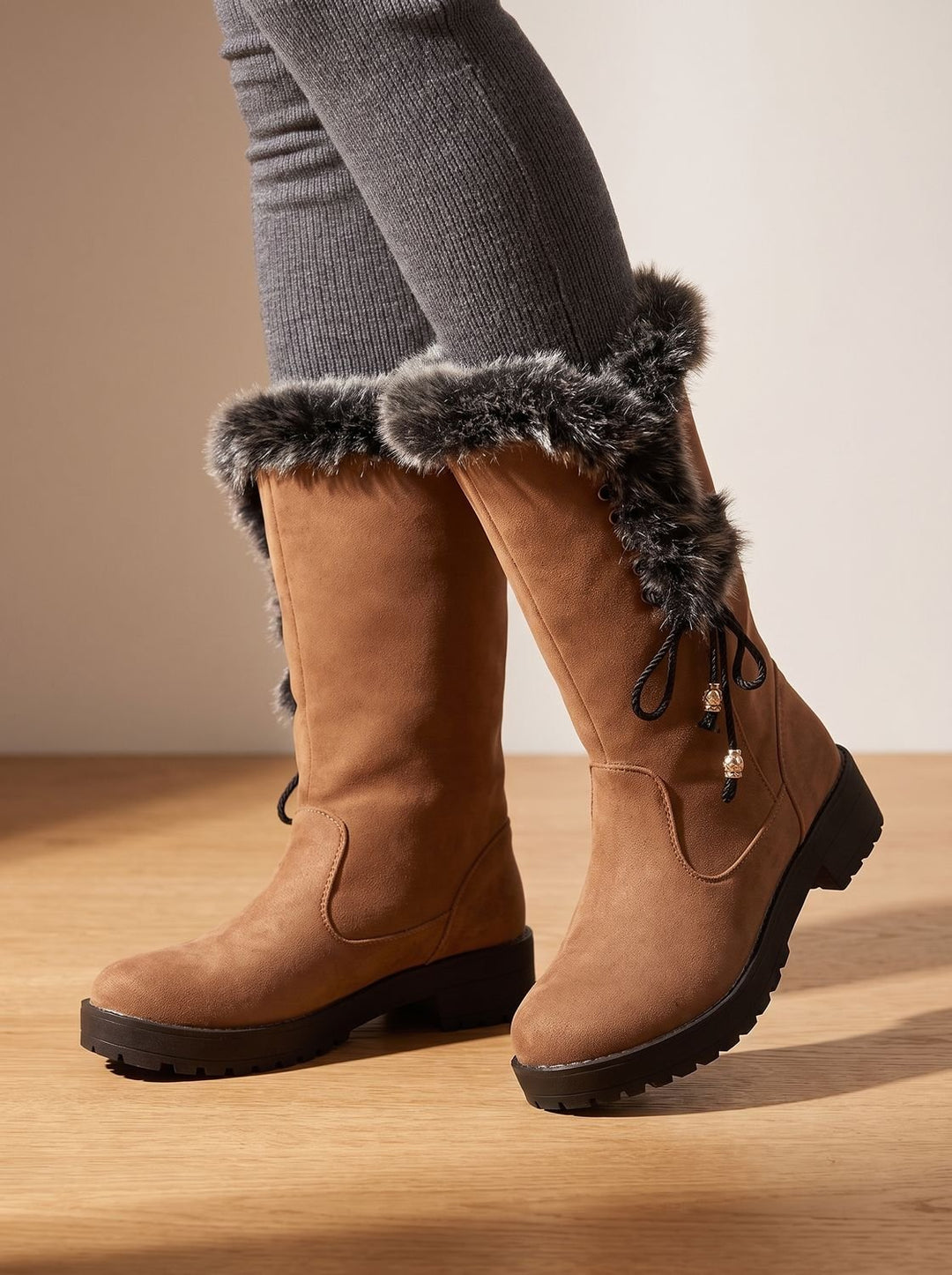 Women's Faux-Fur Trim Knee-High Suede Snow Boots Low Block Heel - Yellow