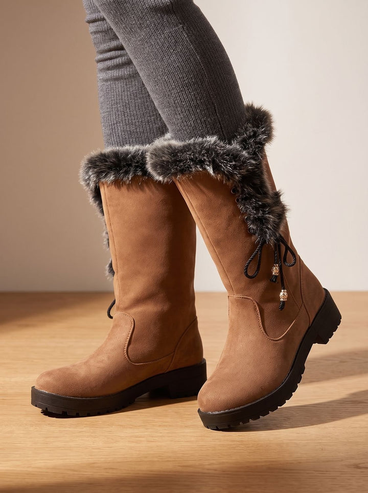 Women's Faux-Fur Trim Knee-High Suede Snow Boots Low Block Heel - Yellow