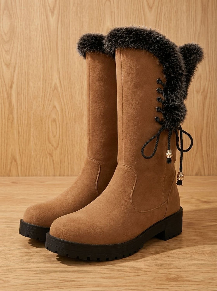 Women's Faux-Fur Trim Knee-High Suede Snow Boots Low Block Heel
