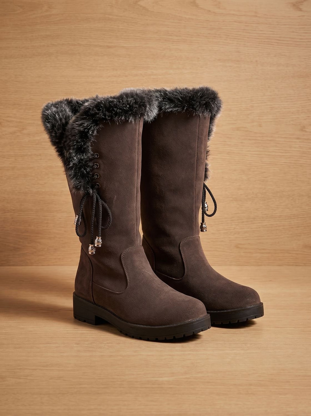 Women's Faux-Fur Trim Knee-High Suede Snow Boots Low Block Heel - Dark Brown