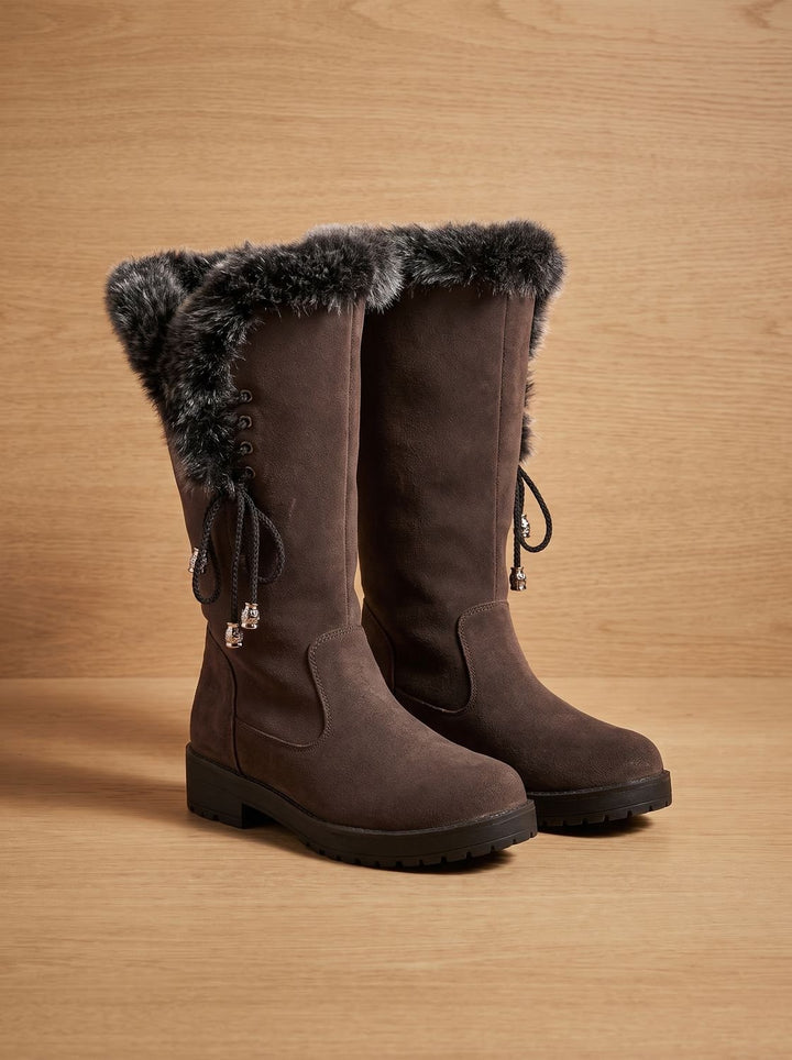 Women's Faux-Fur Trim Knee-High Suede Snow Boots Low Block Heel - Dark Brown
