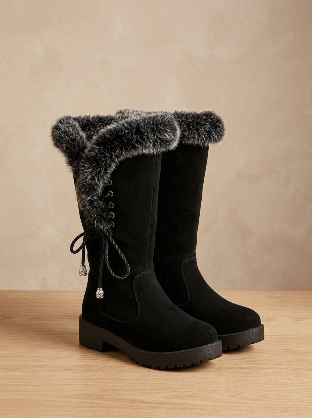 Women's Faux-Fur Trim Knee-High Suede Snow Boots Low Block Heel - Black