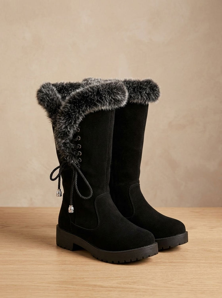 Women's Faux-Fur Trim Knee-High Suede Snow Boots Low Block Heel - Black