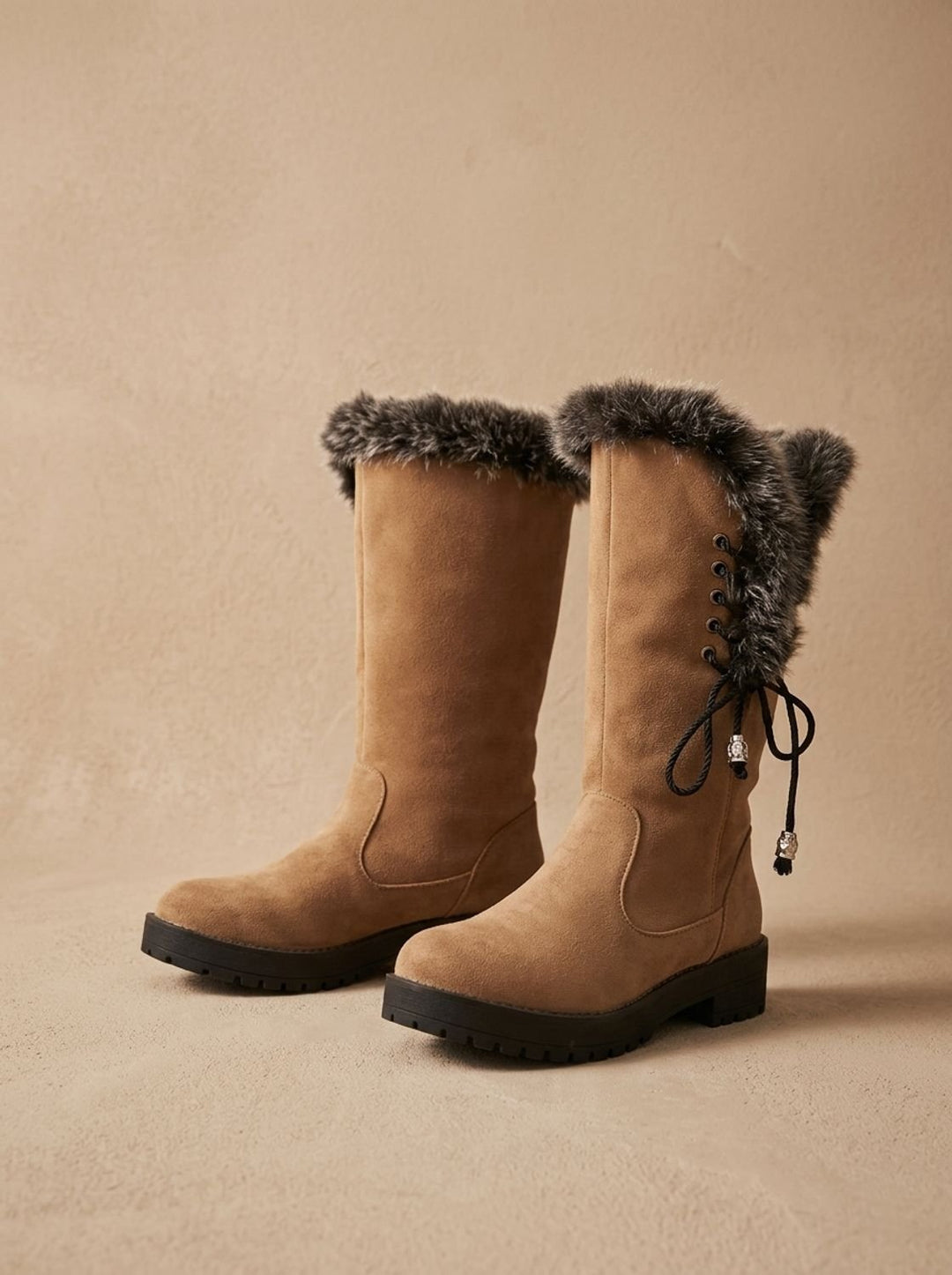 Women's Faux-Fur Trim Knee-High Suede Snow Boots Low Block Heel