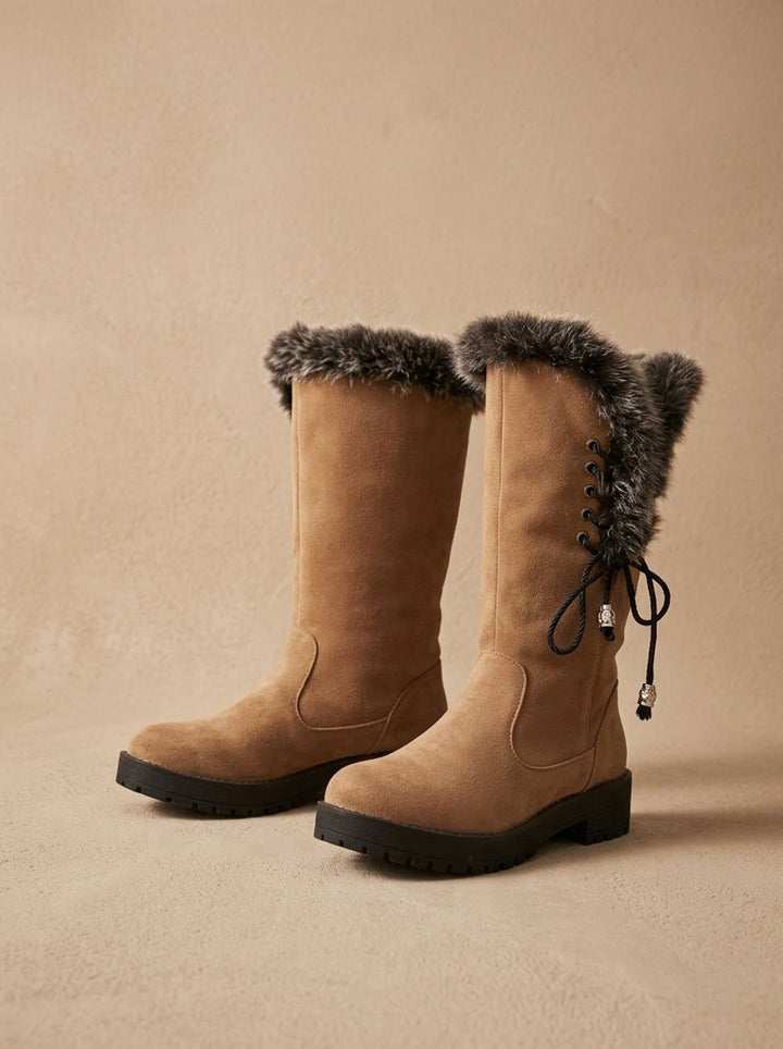 Women's Faux-Fur Trim Knee-High Suede Snow Boots Low Block Heel