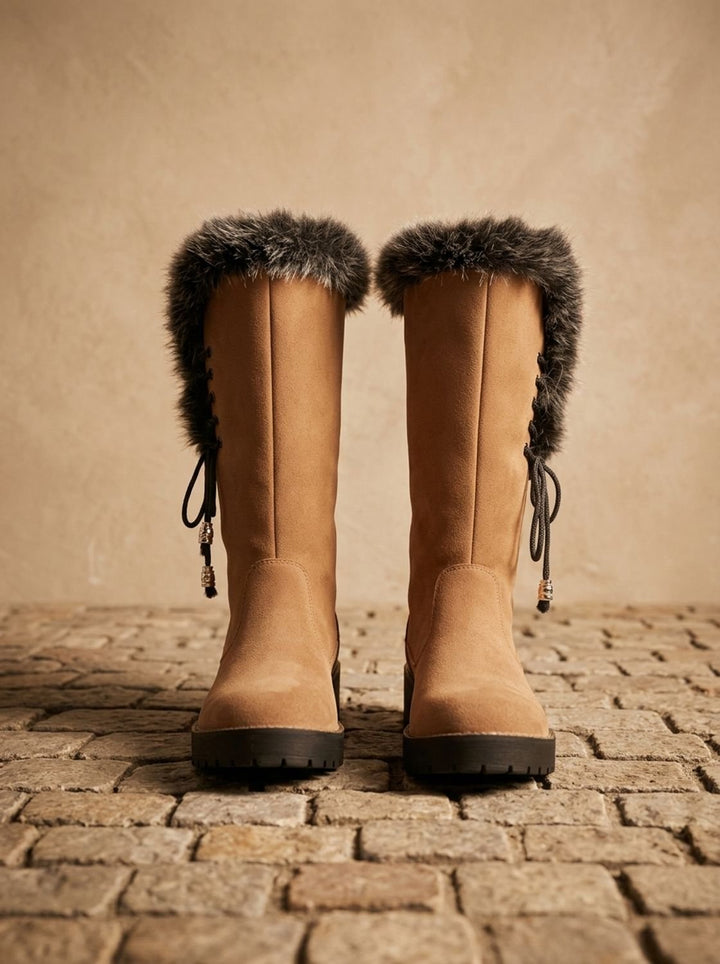 Women's Faux-Fur Trim Knee-High Suede Snow Boots Low Block Heel
