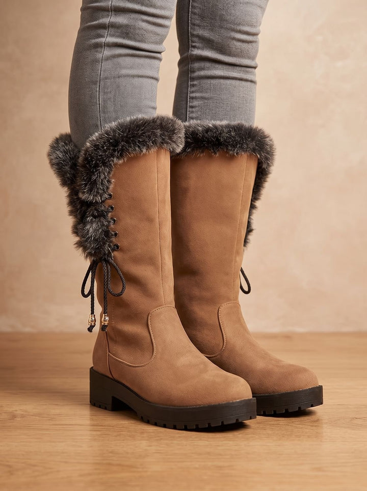 Women's Faux-Fur Trim Knee-High Suede Snow Boots Low Block Heel