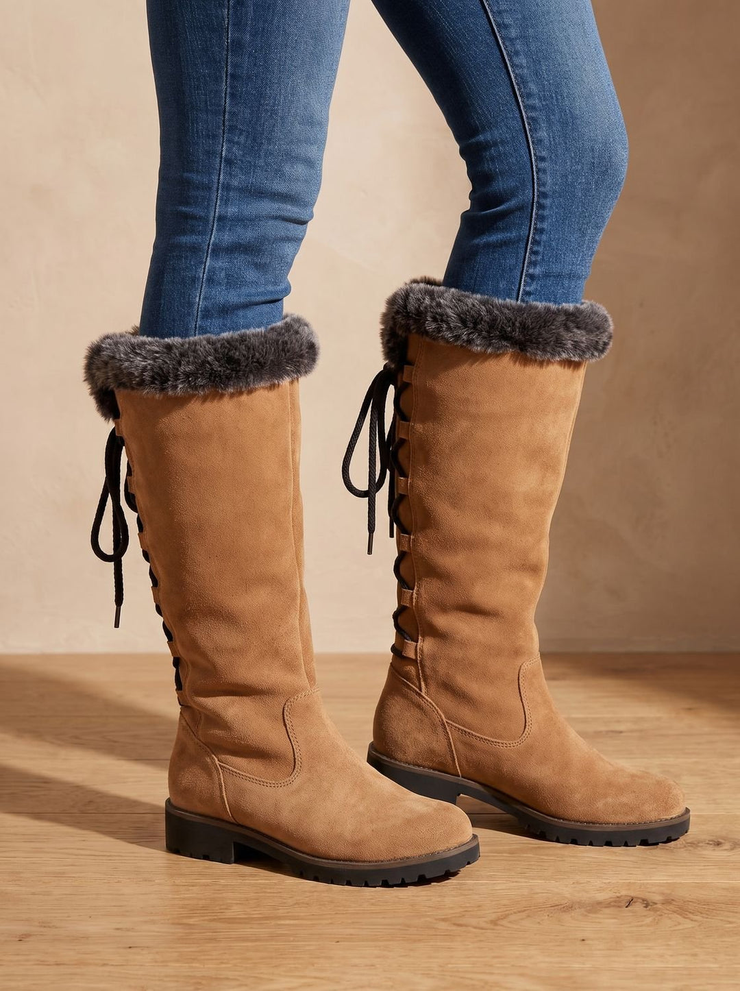 Women's Faux-Fur Trim Knee-High Suede Snow Boots Low Block Heel