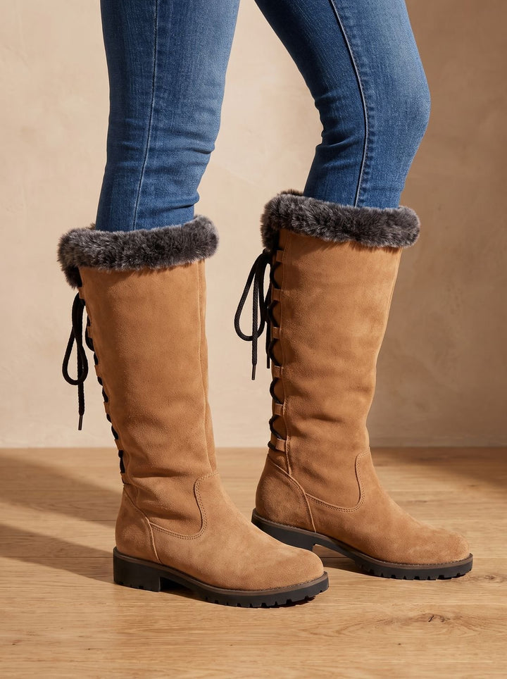 Women's Faux-Fur Trim Knee-High Suede Snow Boots Low Block Heel