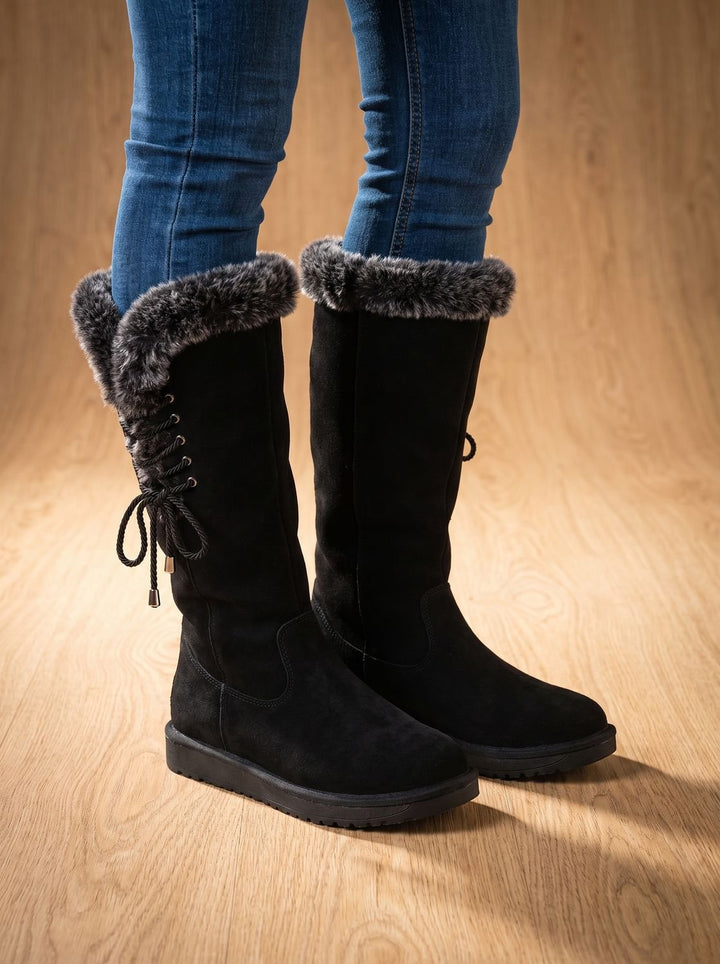 Women's Faux-Fur Trim Knee-High Suede Snow Boots Low Block Heel