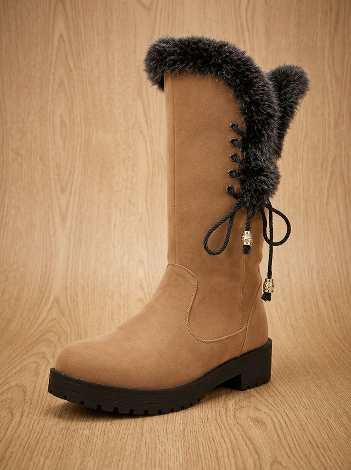 Women's Faux-Fur Trim Knee-High Suede Snow Boots Low Block Heel