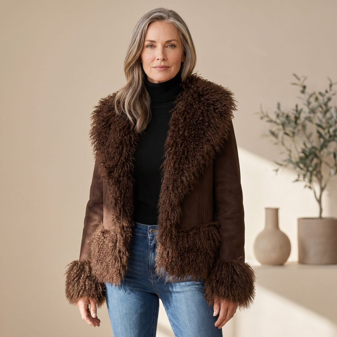 Women's Faux Fur Trim Open-Front Winter Jacket - Brown