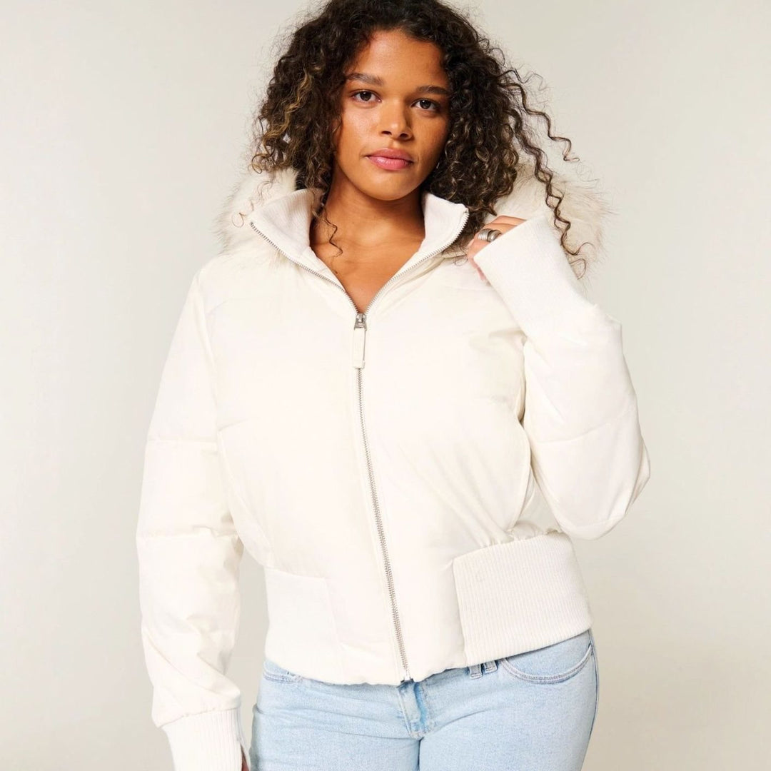 Women's Faux-Fur Trim Zip-Up Cropped Puffer Hooded Jacket