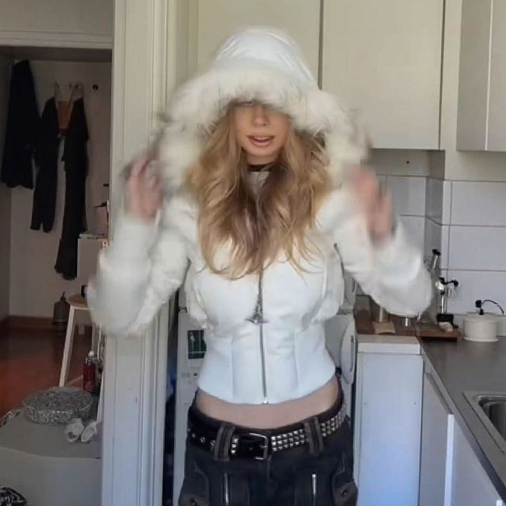 Women's Faux-Fur Trim Zip-Up Cropped Puffer Hooded Jacket