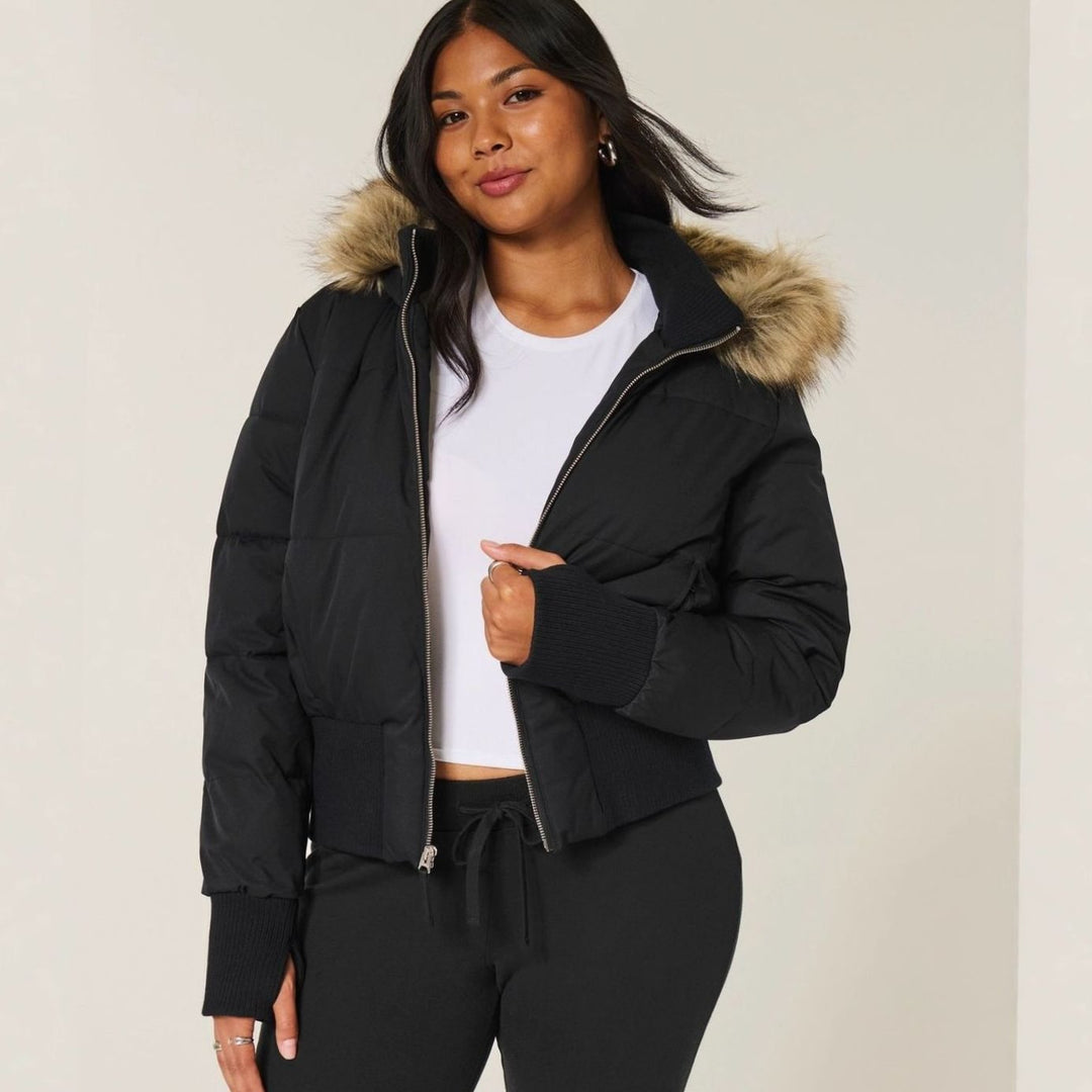 Women's Faux-Fur Trim Zip-Up Cropped Puffer Hooded Jacket