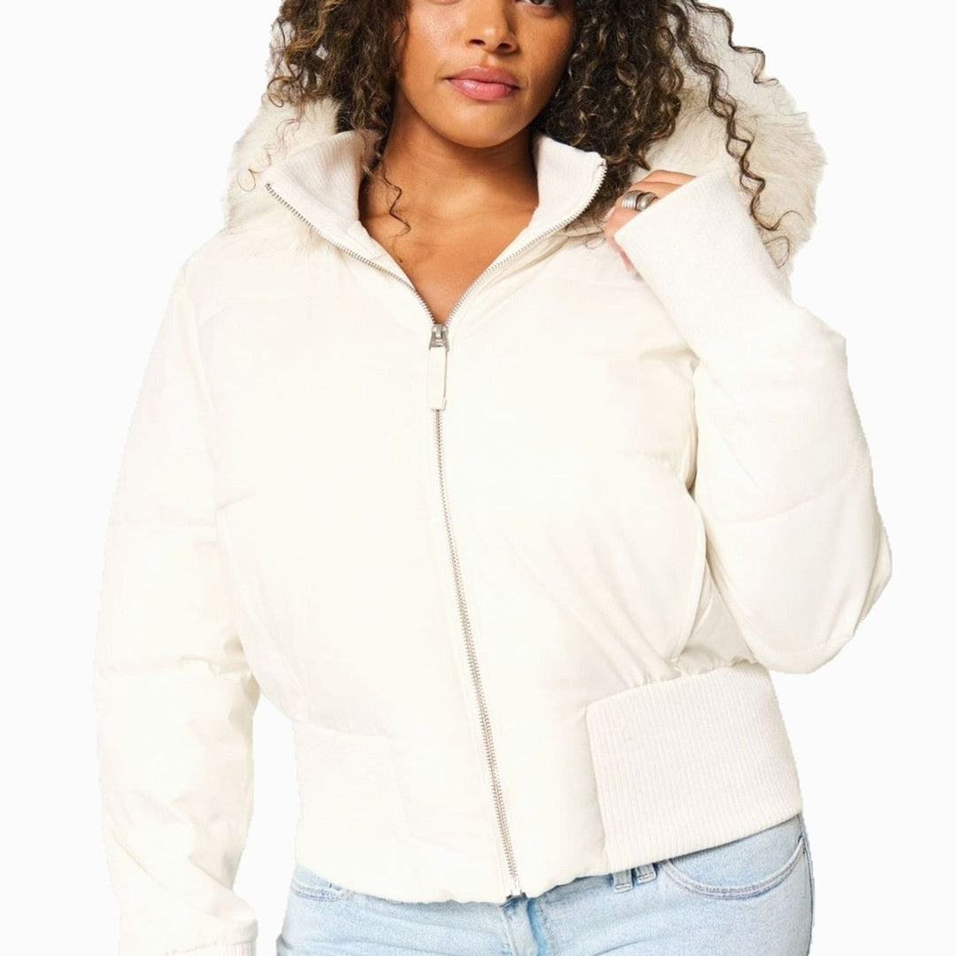 Women's Faux-Fur Trim Zip-Up Cropped Puffer Hooded Jacket