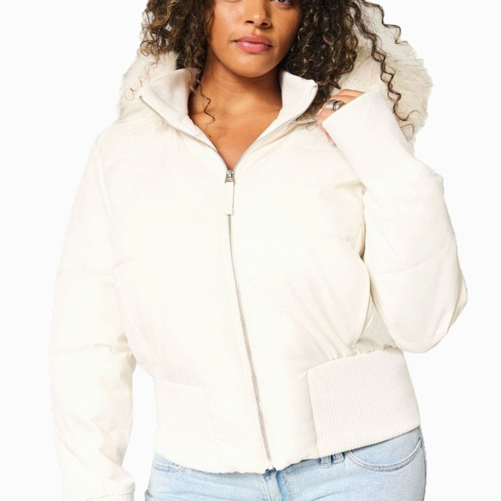 Women's Faux-Fur Trim Zip-Up Cropped Puffer Hooded Jacket
