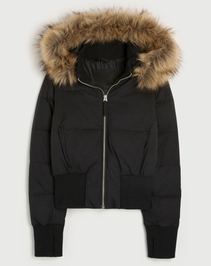 Women's Faux-Fur Trim Zip-Up Cropped Puffer Hooded Jacket - Black