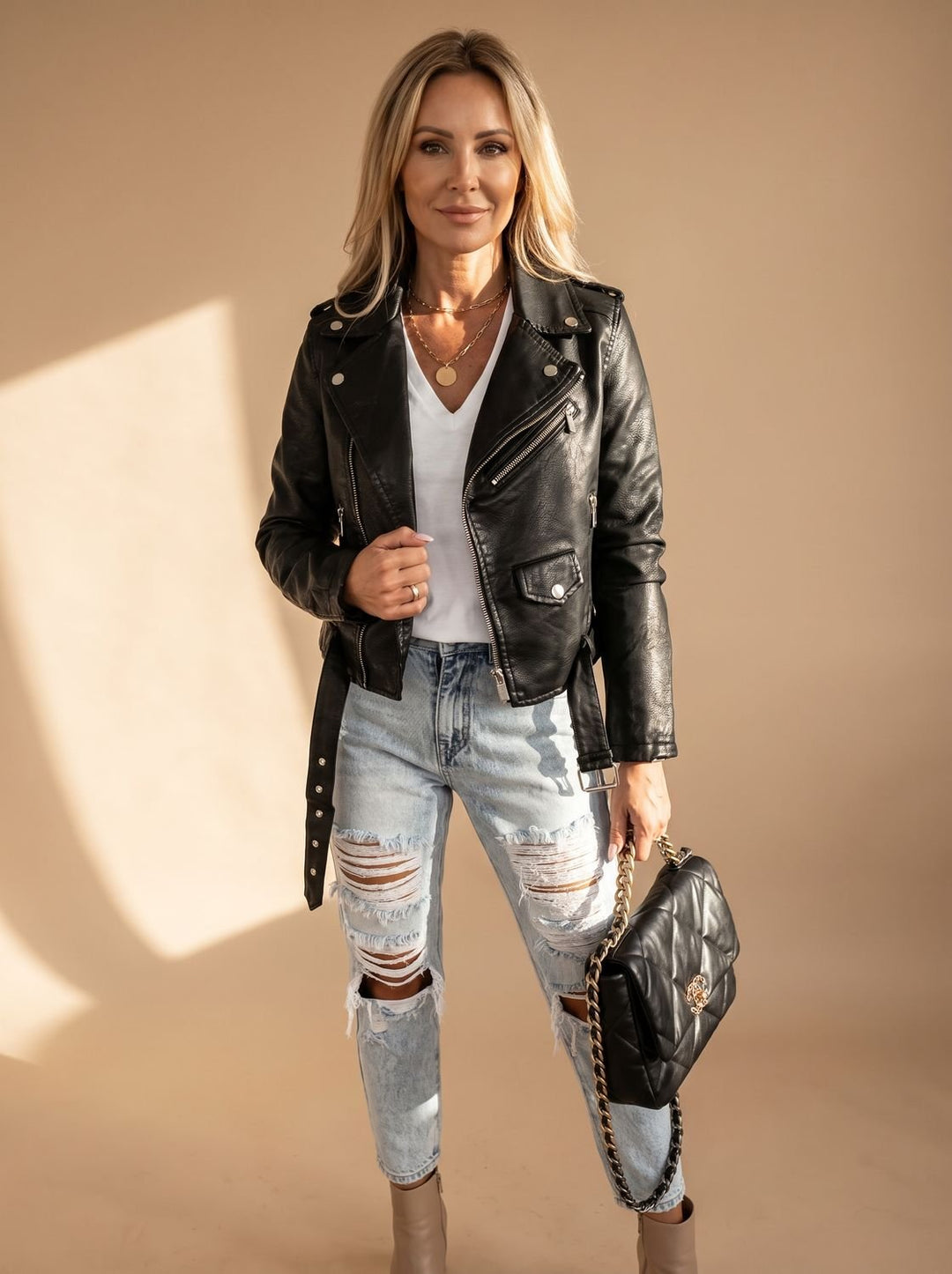 Women's Faux Leather Asymmetric Zip Moto Jacket - Black