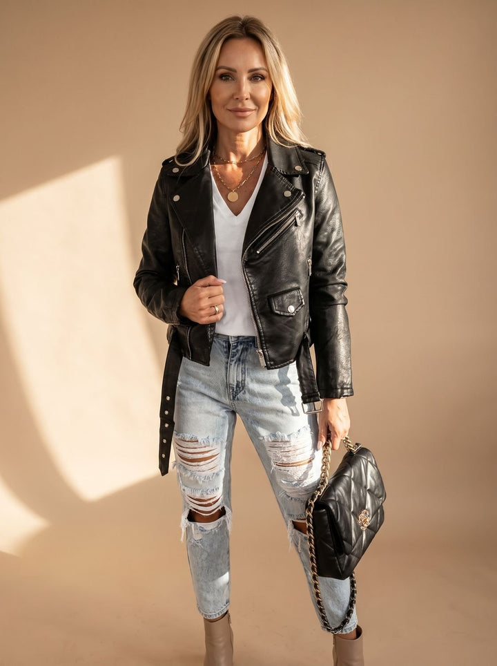 Women's Faux Leather Asymmetric Zip Moto Jacket - Black