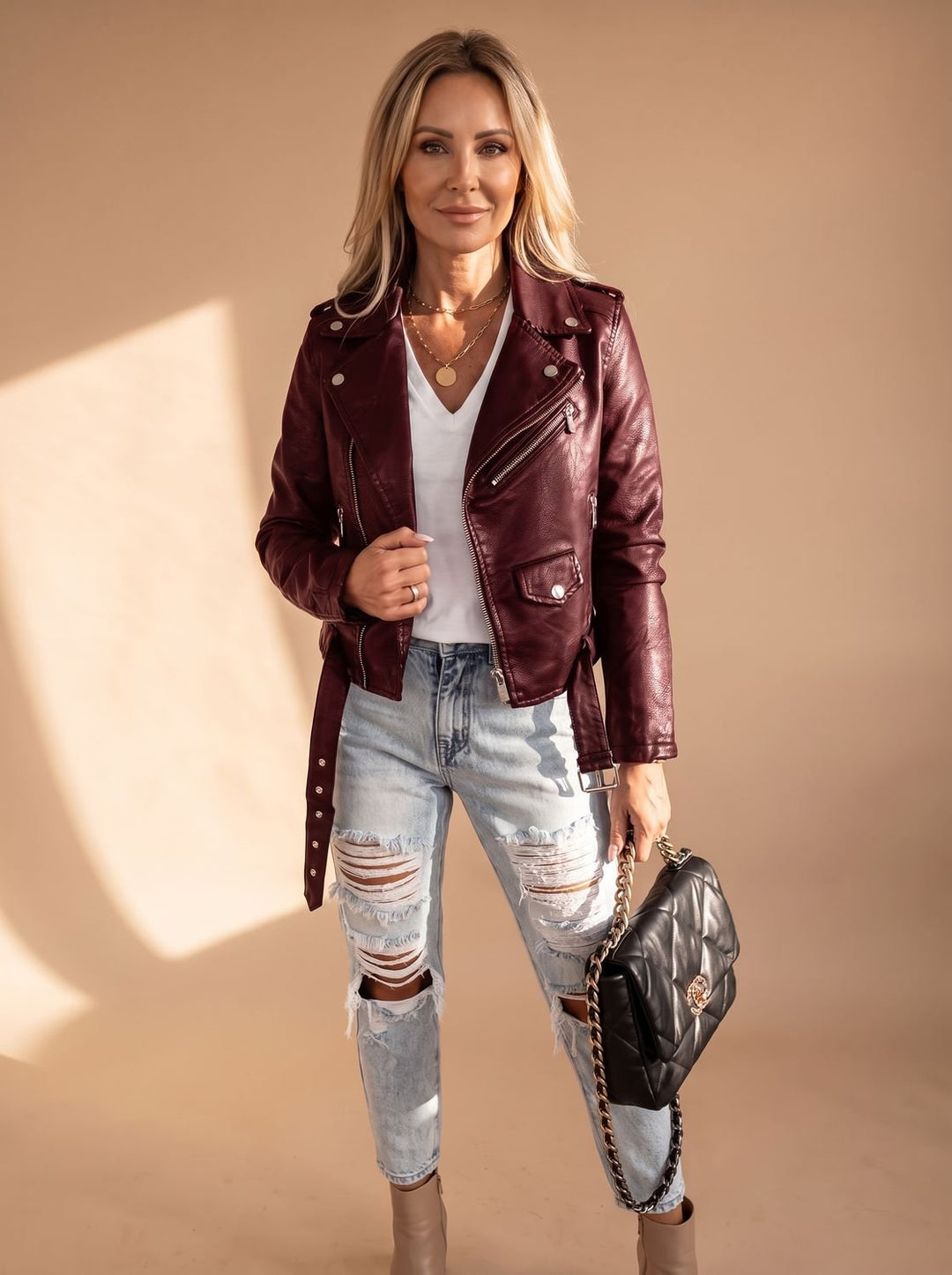 Women's Faux Leather Asymmetric Zip Moto Jacket - Red