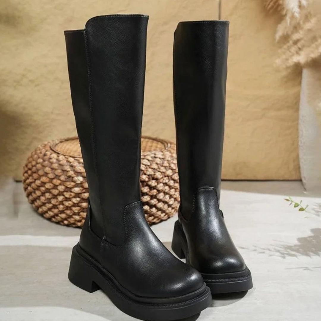 Women's Faux Leather Block-Heel Knee-High Boots - Black